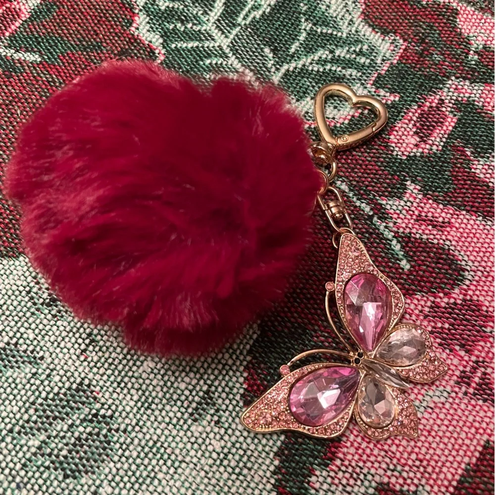Butterfly Keychain with Burgundy Red Pom Pom